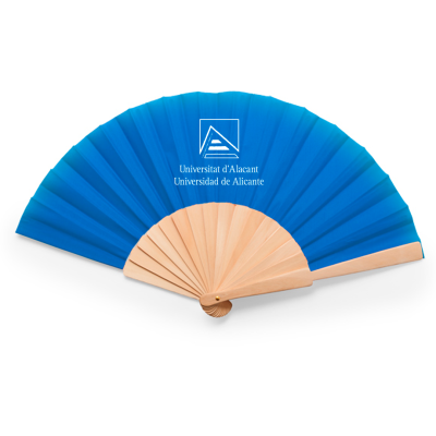 Abanico madera y poliéster grabado en tela en blanco