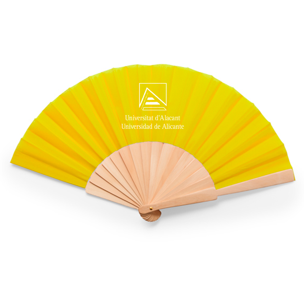 Abanico madera y poliéster grabado en tela en blanco