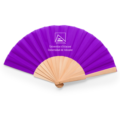 Abanico madera y poliéster grabado en tela en blanco