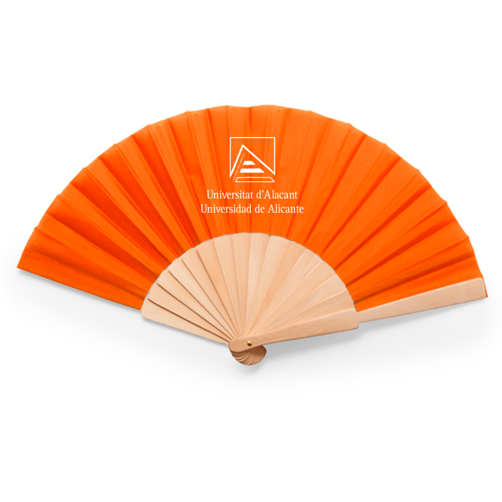 Abanico madera y poliéster grabado en tela en blanco