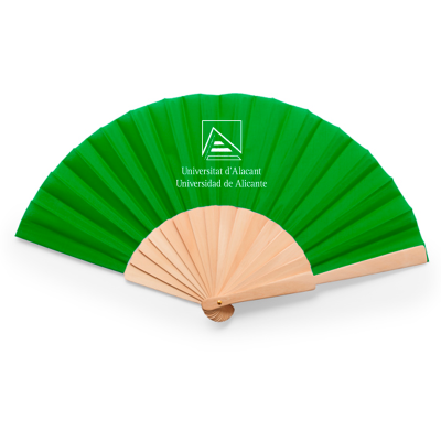 Abanico madera y poliéster grabado en tela en blanco