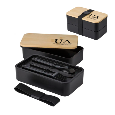 Fiambrera de PP y bambú con 2 compartimentos y cubiertos negro